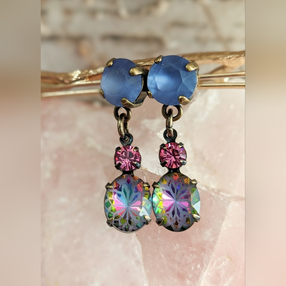 Victorian Frosted Matte Purple Swarovski & Glass Flower Mosaic Brass Earrings
